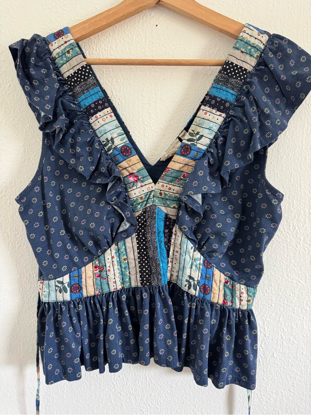 Anthropologie let me be - Boho Ruffled Patchwork Navy Tank Top